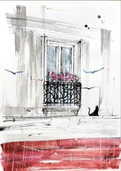 原画#3175 黒猫　雨　パリ　フランス　水彩画　ドローイング　インテリア　絵画 原画#3175 黒猫 雨 パリ フランス 水彩画 ドローイング