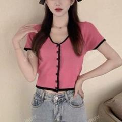 Shein コントラストトリム クロップ カーディガン トップス ピンク 韓国