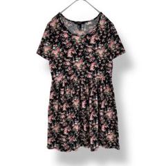 Forever21 花柄ペプラムカットソー　チュニック　半袖　ピンク　黒　L