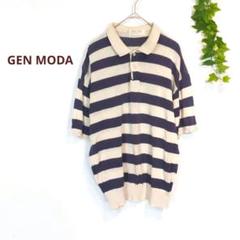 GEN MODA　メンズ　半袖ボーダーポロシャツ　白×ブルーグレー　総柄　M