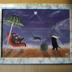 【匿名配送】絵画　「ニャンコ▪イン▪サマーバケーション！」　2Lサイズ額つき