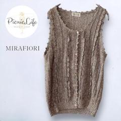 美品❤ 透かし編みニットベスト ノースリーブトップス 綿麻混 ジレ Uネック M