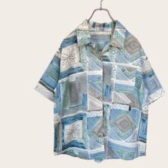 メンズシャツ 半袖シャツ (M) 総柄 アロハ 水色 夏 さわやか