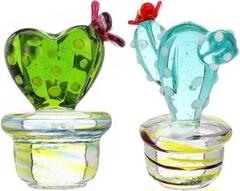 サボテン 2個セット ガラス 置物 インテリア かわいい 水色 緑 赤い花 花