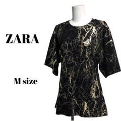 【ZARA 】未使用タグ付メタリック加工インターロックTシャツMサイズ ブラック