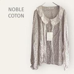 NOBLE COTON 【M】襟レース　長袖ブラウス　スクエアドット柄　ベージュ