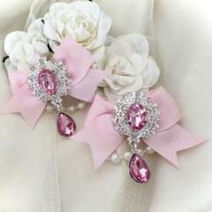 ハンドメイド ヘアクリップ 量産型 リボン ドロップパーツ ピンク