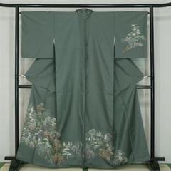 紬 訪問着 着物 袷 手刺繍 糸巻 桜 菊 雪輪 裄67 L 中古 sn1563