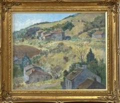 ヴェズレー　萩野　 フランス神聖の村　1983 風景画 油彩画 金色フレーム ヴェズレー 萩野 フランス神聖の村 1983 風景画 油彩画 金色