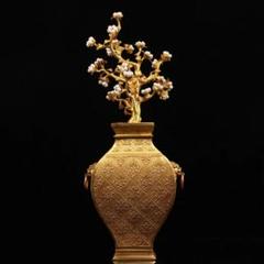 中国古美術・旧藏純銅製鎏金招財運樹の花瓶・真珠を象嵌・置物・風水開運 ・純手作り 中国古美術・旧藏純銅製鎏金招財運樹の花瓶・真珠を象嵌・置物