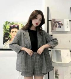 レディース セットアップ チェック ジャケット ショートパンツ ハイウエスト