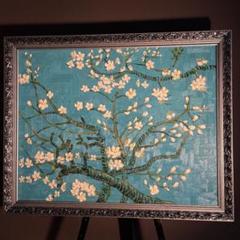 手書き油絵 フットドッグ 額付 絵画 インテリア 油彩画 ☆特大☆手書き油絵 ゴッホ 花咲くアーモンドの枝 額付 絵画