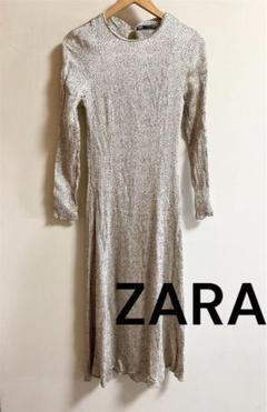 ZARA ザラ　長袖ワンピース　ロングワンピース　総柄　ドット柄　ベージュ　M