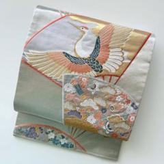国内外の人気集結！ 袋帯 T-3817 正絹 六通 素敵なデザイン 七宝 花柄 扇に鶴 唐織 着物・浴衣