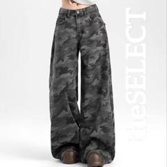 韓国 服 レディース ワイドパンツ 迷彩柄 グレー デニム ミリタリー カモフラ