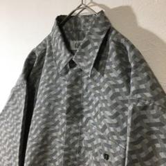 【個性派古着】日本製　長袖総柄デザインシャツ　幾何学模様 グレー　メンズＬ
