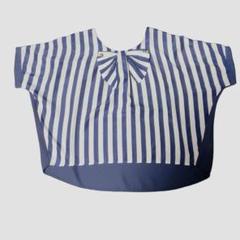 ドルマンスリーブトップスTシャツ夏服透け感ストライプネイビー紺