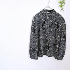昭和レトロ　美品✨総柄フリルブラウス　L マダム　チャコールグレー　黒