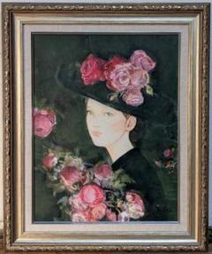 中島裕子　作品　油絵　薔薇　フラワー　アンティーク調 真作】絵画 中島裕子 油彩6号 モーニングローズ 優雅なる視線 箱