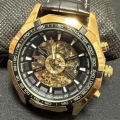 新品 FORSINING 自動巻機械式腕時計 メンズウォッチ ゴールド レザーB