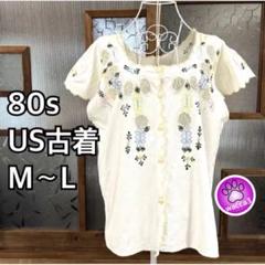 80s US古着 花柄　半袖刺繍 コットンブラウス ベージュM〜L Uネックのサムネイル