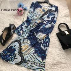 美品☆エミリオプッチ 総柄ワンピース 大きいサイズ40 膝丈 ストレッチ 青系