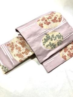 化繊の京袋帯 薄いピンクに桜と楓模様 382cm