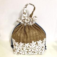 ハンドメイド　ハンドバッグ　巾着　カゴバック風　花　フラワープリント