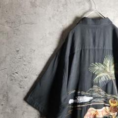 ハワイアン刺繍シャツ　黒　シルクレーヨン　バック刺繍　アロハ　L