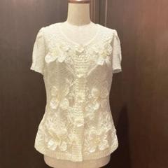 NOKO OHNO ノコオーノ　美品　フリル　ビーズ　花刺繍　チェック piece K.omono hanabatake ブローチ ホワイト PHC-084-1 | 手芸