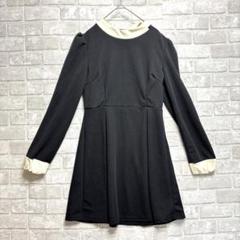 バイカラー バックリボン ひざ丈 ワンピース M ブラック フェミニン シンプル
