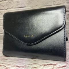 美品！アニエスベー　財布　3つ折り　ジップファスナー　金ロゴ　黒 アニエスベー(AGNES B.)|ロゴプレート三つ折り財布 アニエスベー