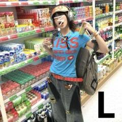 Y2K ピチT L グランジ 英字 原宿 韓国 ブルー 平成ギャル プリント
