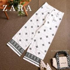 ZARA ザラ 未使用品 リネン 麻混 ストレートパンツ 刺繍 総柄