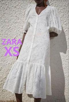 【美品】ZARA カットワーク 刺繍 パフスリーブ ボタンワンピース XS