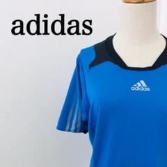 アディダス　ブルー　メンズ　ストレッチ　薄手　ロゴプリント　半袖Tシャツ　Y2K