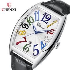 CHENXI トノー型 カラーダイヤル クロコダイル型押しベルト 日付機能付き