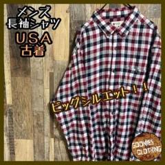 ボタンダウン USA古着 長袖 シャツ チェック レッド ブラック メンズ 白