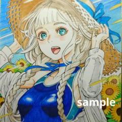 【手描きイラスト 171】オリジナル原画色紙「プール帰り 麦わら帽子 飛行機雲」のサムネイル