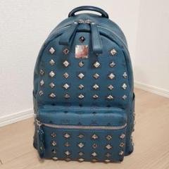 新品未使用　MCM　スタッズ付き　レザー　バックパック　リュック　水色　青