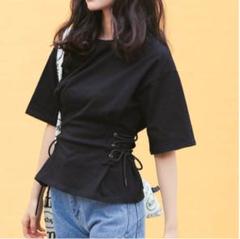 【ラスト1点】Tシャツ 黒 レースアップ プチプラ 送料無料 値下げ 春 夏