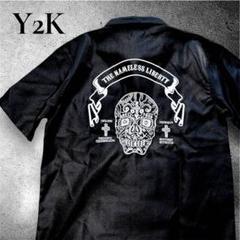 Y2K シャツ　新品　メキシカンスカル　ロック　クロス　刺繍　ビッグシルエット