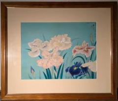 【真作】版画　徳力富吉郎　木版画　菖蒲　和モダン花画　四季彩る花の美　W132 真作】版画 徳力富吉郎 木版画 菖蒲 和モダン花画 四季彩る花の