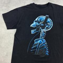 衝撃の音楽　ヘッドフォンをつけている骸骨の横顔　Tシャツ　古着　ブラック　XL