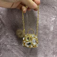 クリスタル装飾の金色ミニバッグ型キーホルダー