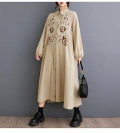 人気新作 シャツワンピース プリント シンプル フリー 体型をカバー ロング