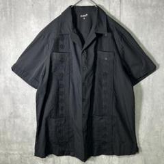 美品 オールブラック 刺繍 キューバシャツ オープンカラー 黒 XL