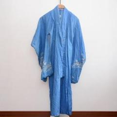 【明治〜大正時代】三つ紋入りアンティーク子供用木綿着物｜植物と小鳥模様の袖絵付き