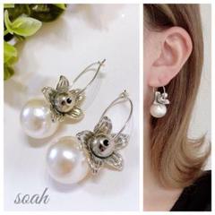 362＊シルバーフラワー パールピアス