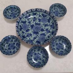 青と緑の花柄 陶器 食器セット 6点
